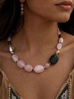 Peyote Bird x Silpada Rose Quartz Necklace Sterling Silver Mother of Pearl 17"